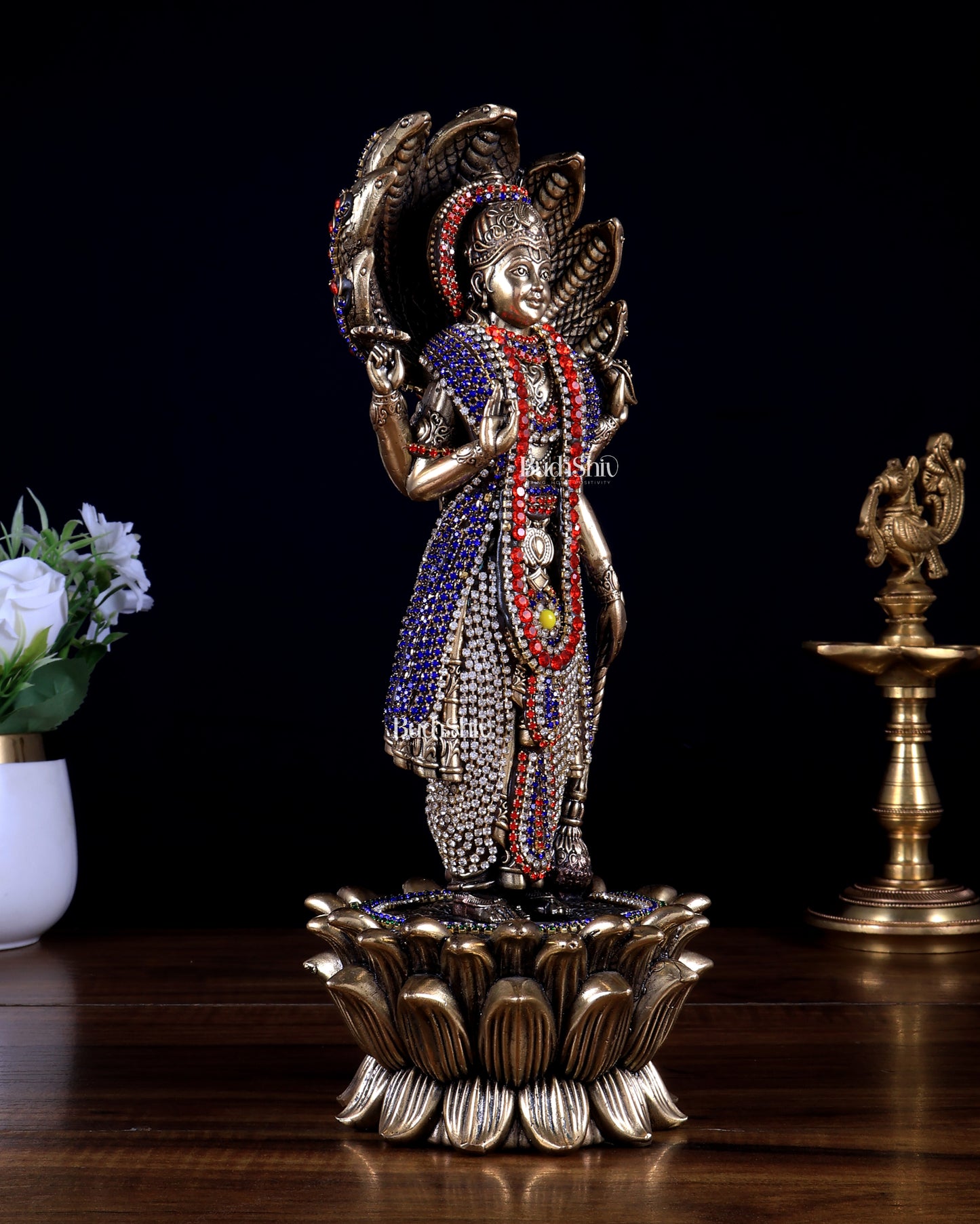 Pure Brass Lord Vishnu Standing with Sheshanaag jewel work 11.5 inch