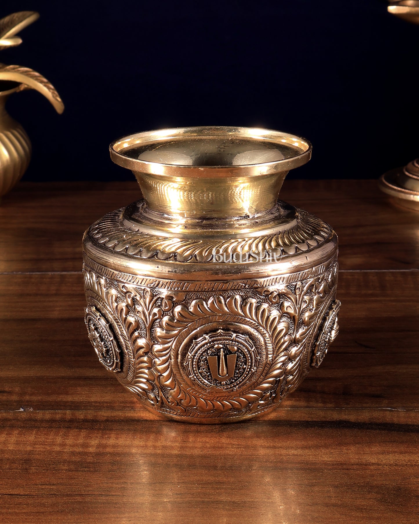 Pure Brass Superfine Vishnu Shankh Chakra Namah Kalash 4.5 inch