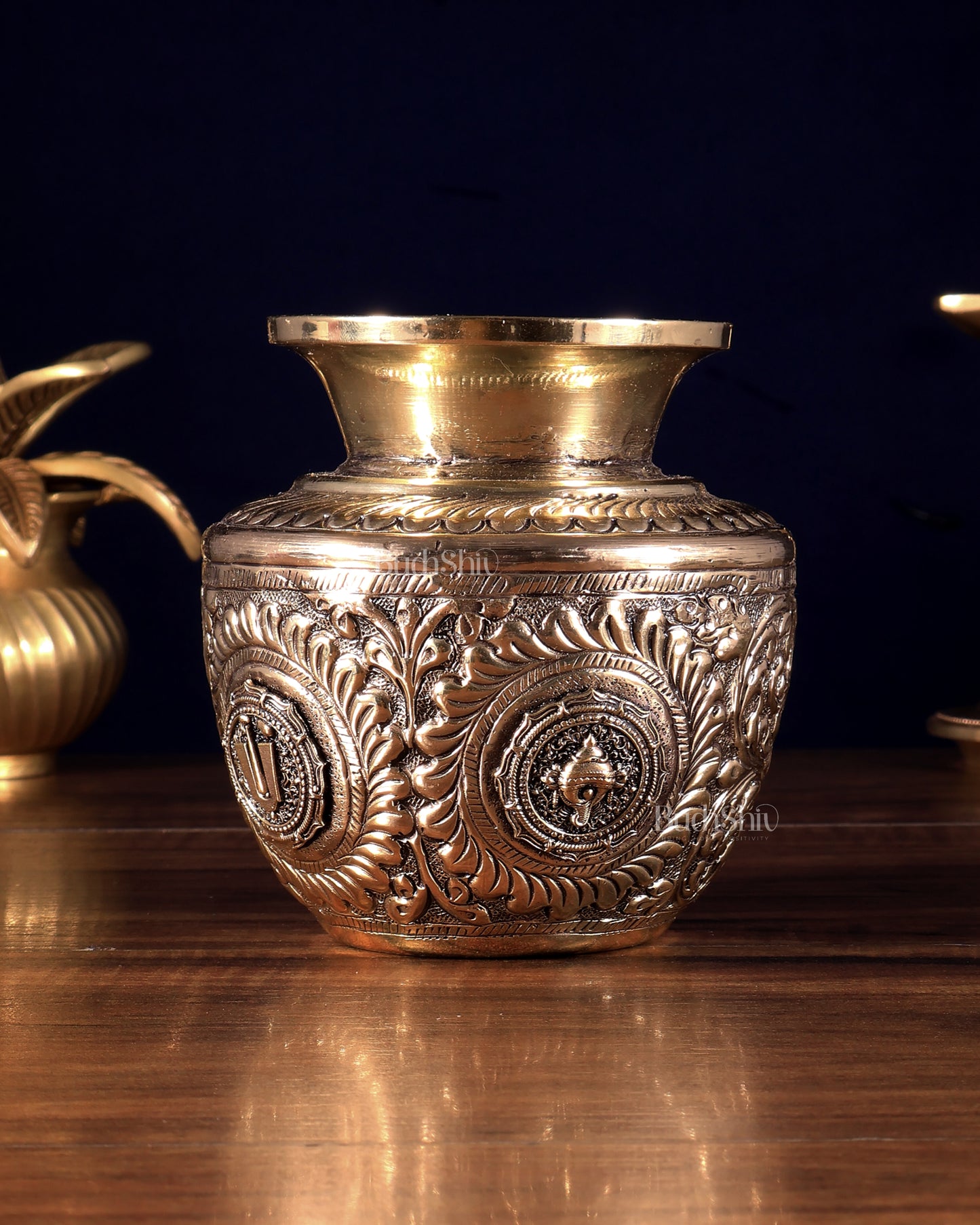 Pure Brass Superfine Vishnu Shankh Chakra Namah Kalash 4.5 inch