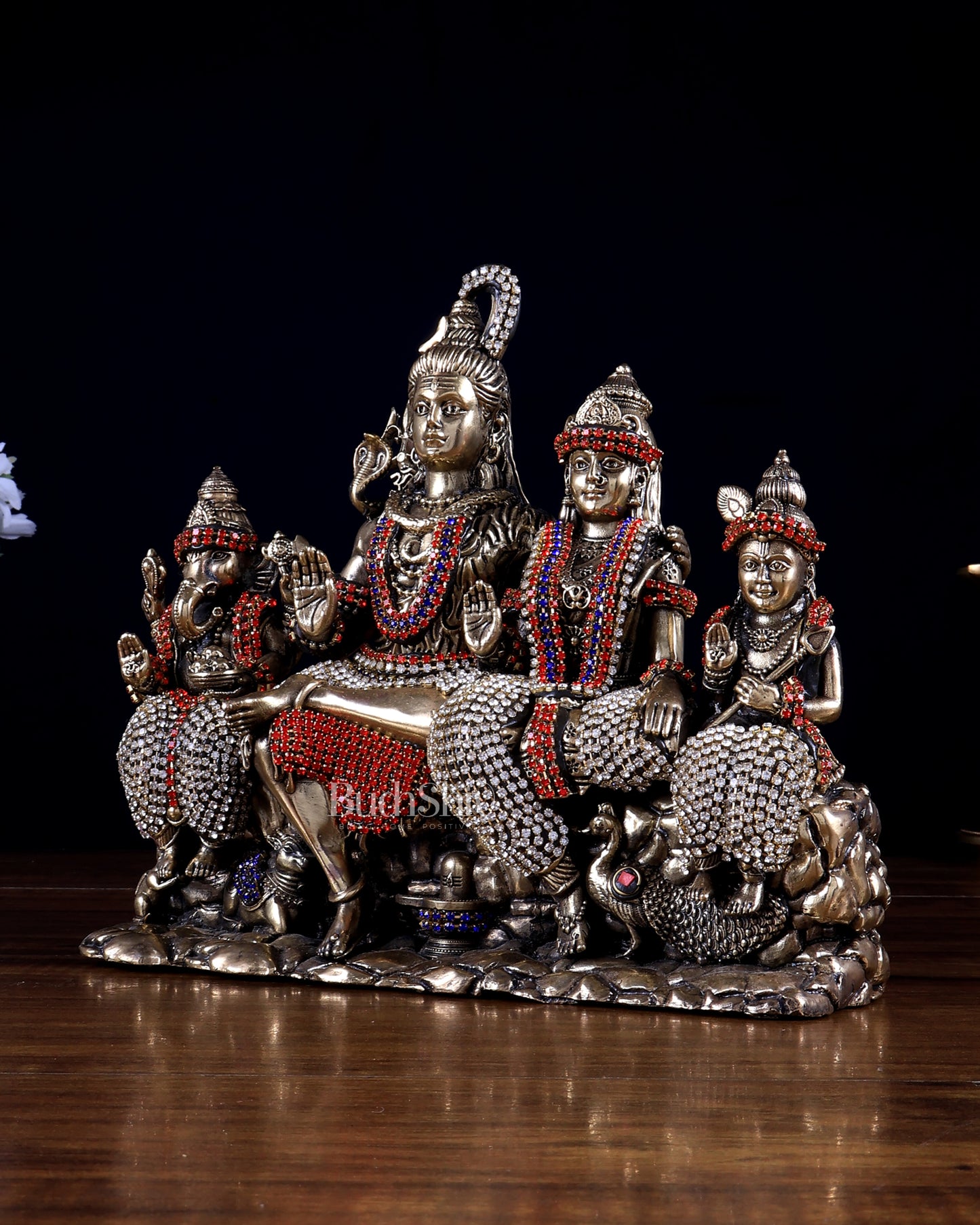 Brass Superfine Intricate Large Shiva Parivar Idol with Nandi, Peacock, Shivling & Mouse 7" with jewel work