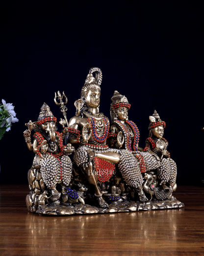 Brass Superfine Intricate Large Shiva Parivar Idol with Nandi, Peacock, Shivling & Mouse 7" with jewel work