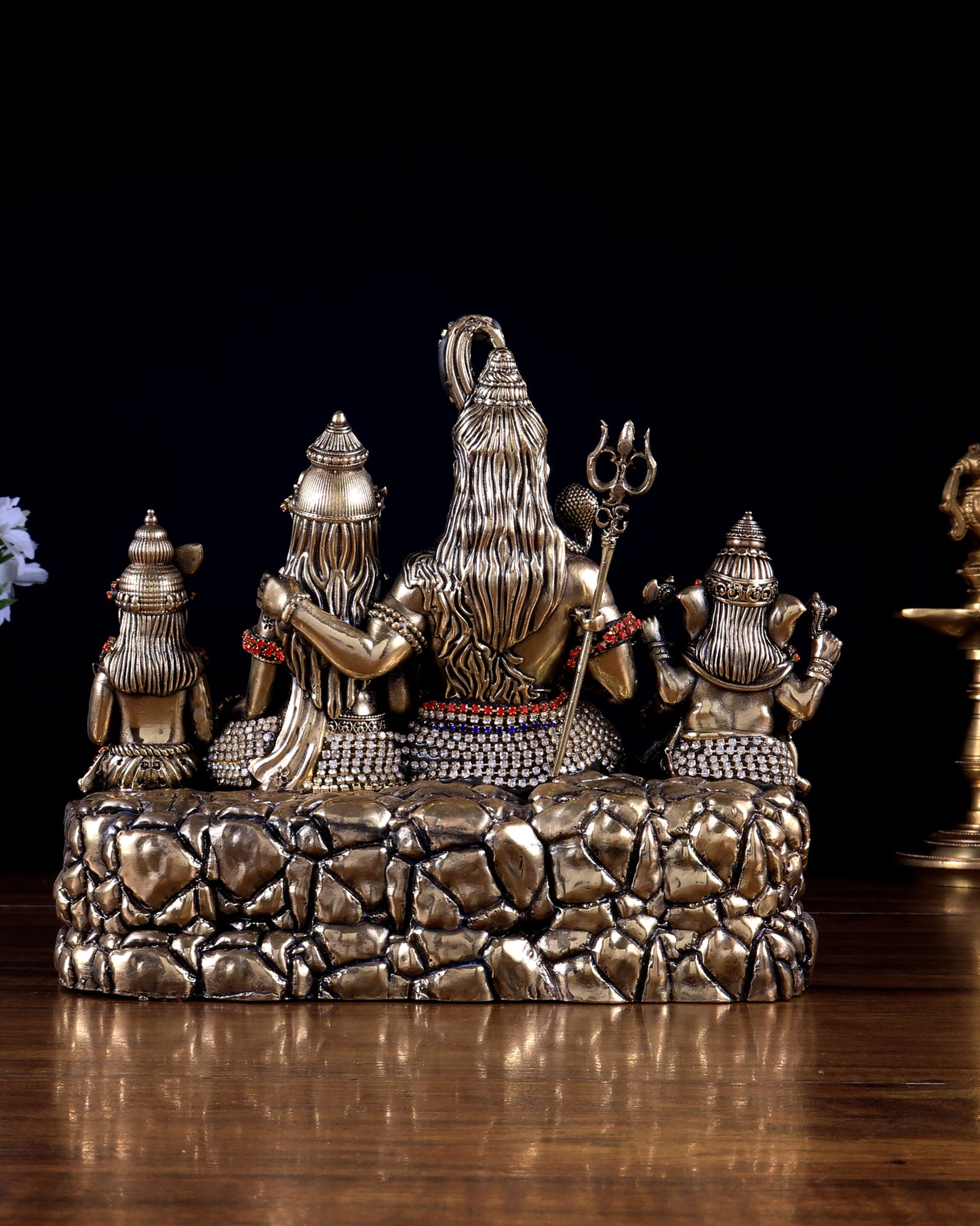 Brass Superfine Intricate Large Shiva Parivar Idol with Nandi, Peacock, Shivling & Mouse 7" with jewel work
