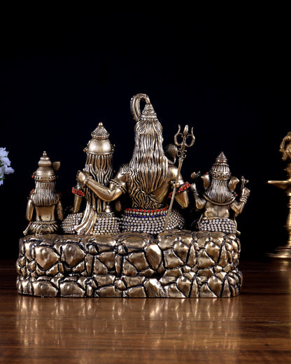 Brass Superfine Intricate Large Shiva Parivar Idol with Nandi, Peacock, Shivling & Mouse 7" with jewel work
