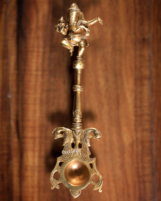 Pure Brass Hawan Spoon Dancing Ganesha Design | Ritual Puja Ladle | 10 Inch