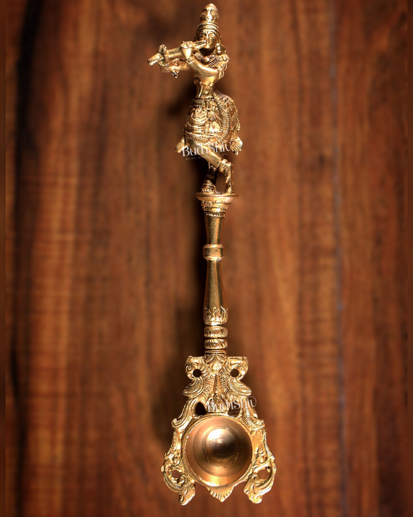 Pure Brass Hawan Spoon Krishna Design | Ritual Puja Accessory | 10.6 Inch