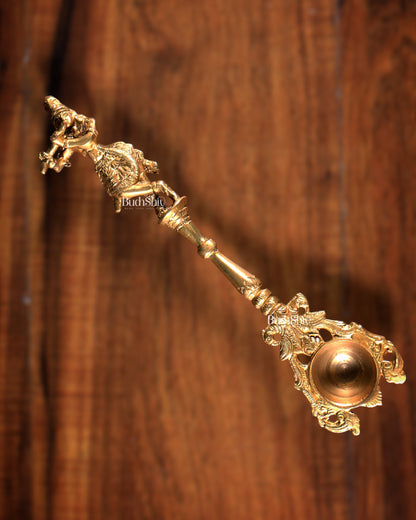 Pure Brass Hawan Spoon Krishna Design | Ritual Puja Accessory | 10.6 Inch