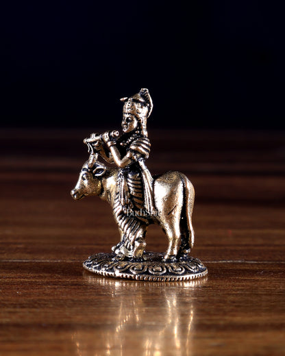 Brass Miniature Krishna with Cow Idol | Superfine Small Murti | 1.4 Inch