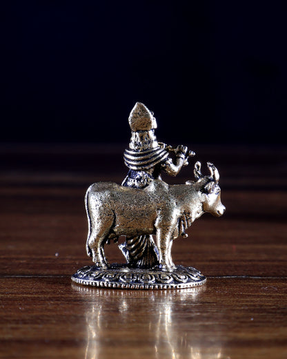 Brass Miniature Krishna with Cow Idol | Superfine Small Murti | 1.4 Inch