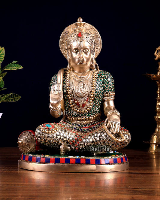 Brass Lord Hanuman in Blessing Mudra – Meenakari & Natural Stones | Divine Seated Idol 12.5 inch