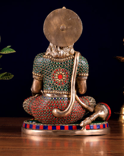 Brass Lord Hanuman in Blessing Mudra – Meenakari & Natural Stones | Divine Seated Idol 12.5 inch