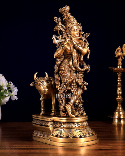Pure Brass Lord Krishna with Cow idol – 14"