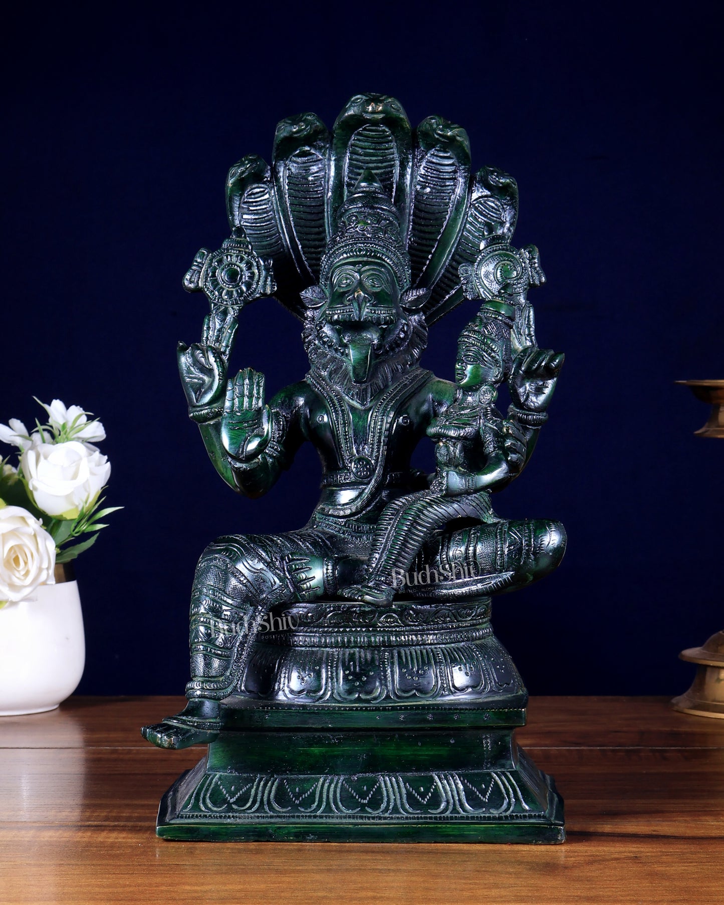 Pure Brass Narsimha Lakshmi Statue – Agate Green 12.5 inch