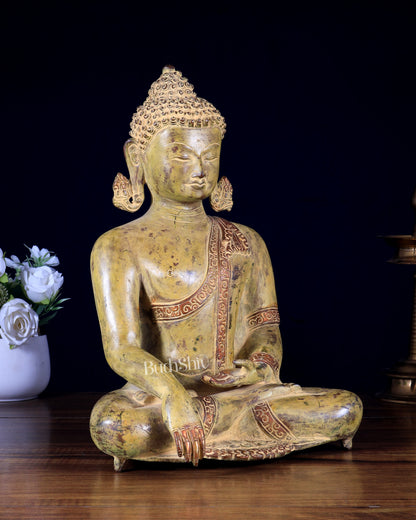 Brass Buddha Bhoomi Sparsha Green patina Finish Statue | 14 inch