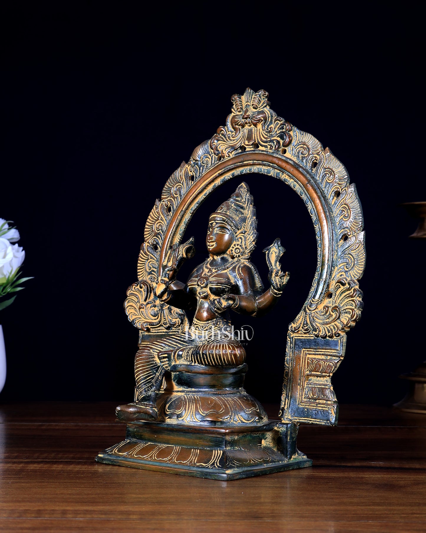 Pure Brass Goddess Mariamman with Prabhavali - vintage tone - 9"