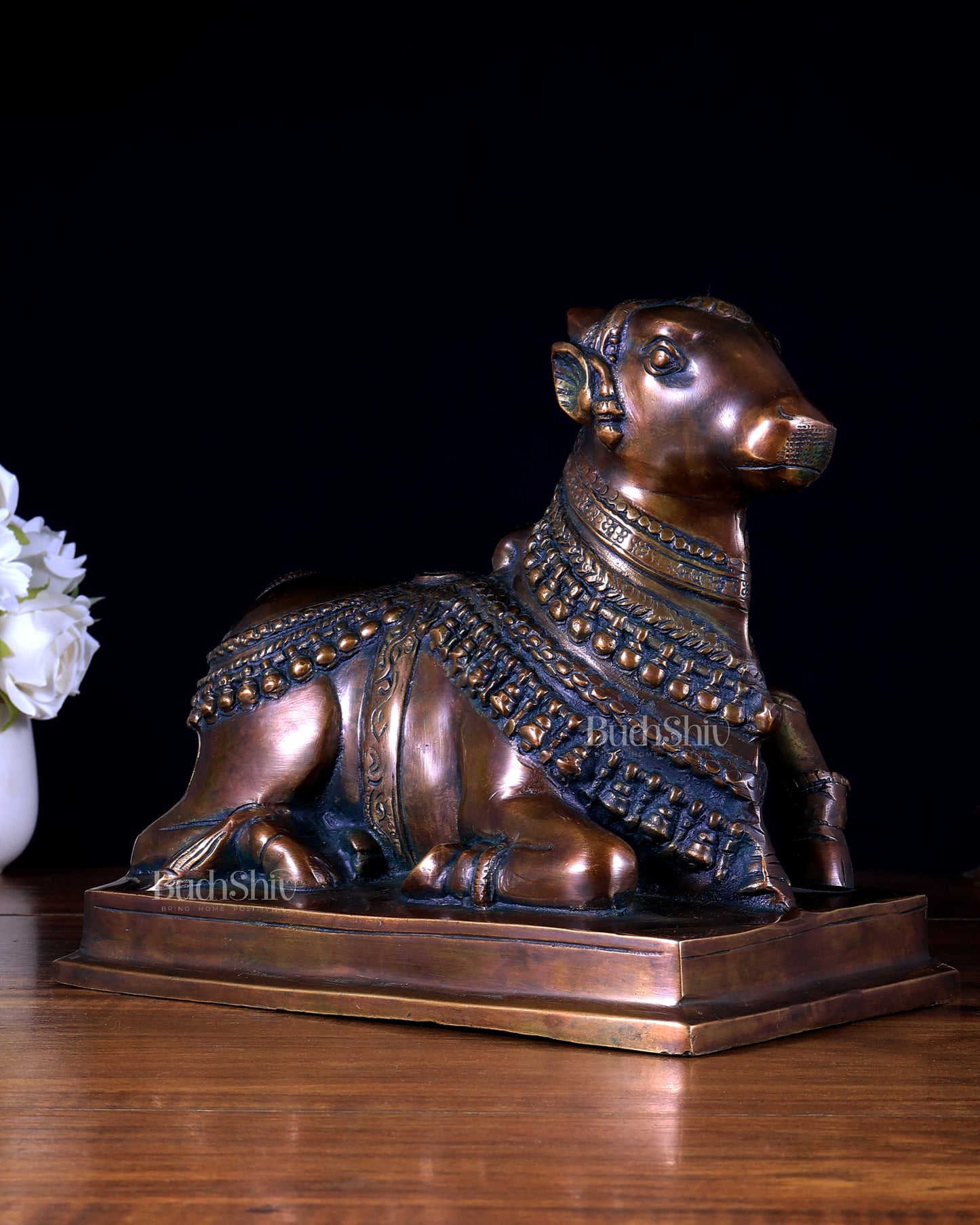 Brass Nandi Statue – Brown Tone Finish | Sacred Seated Nandi on Ornate Base