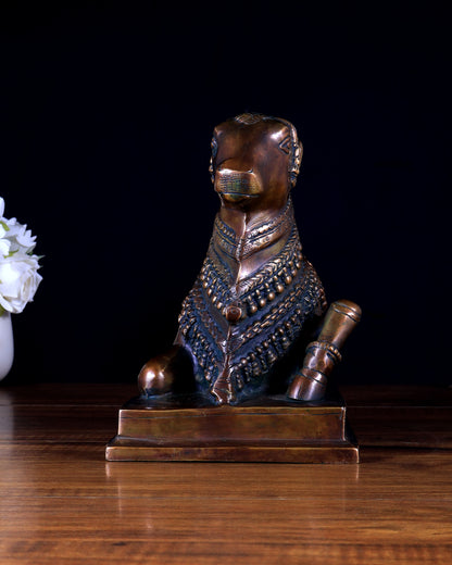 Brass Nandi Statue – Brown Tone Finish | Sacred Seated Nandi on Ornate Base
