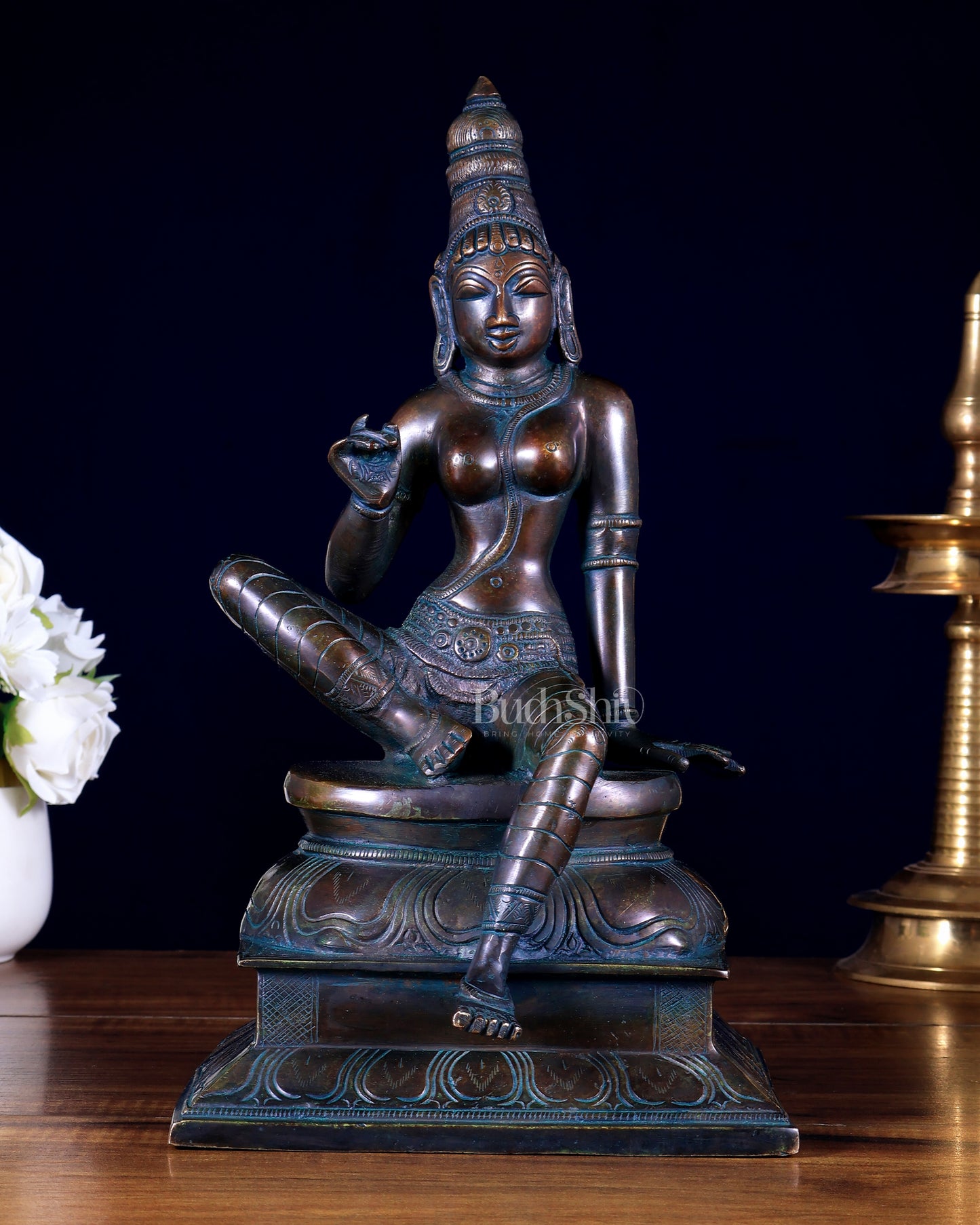 Vintage Bhoga Shakti Brass Devi Uma Parvati Sitting Statue bronze tone 14” Height
