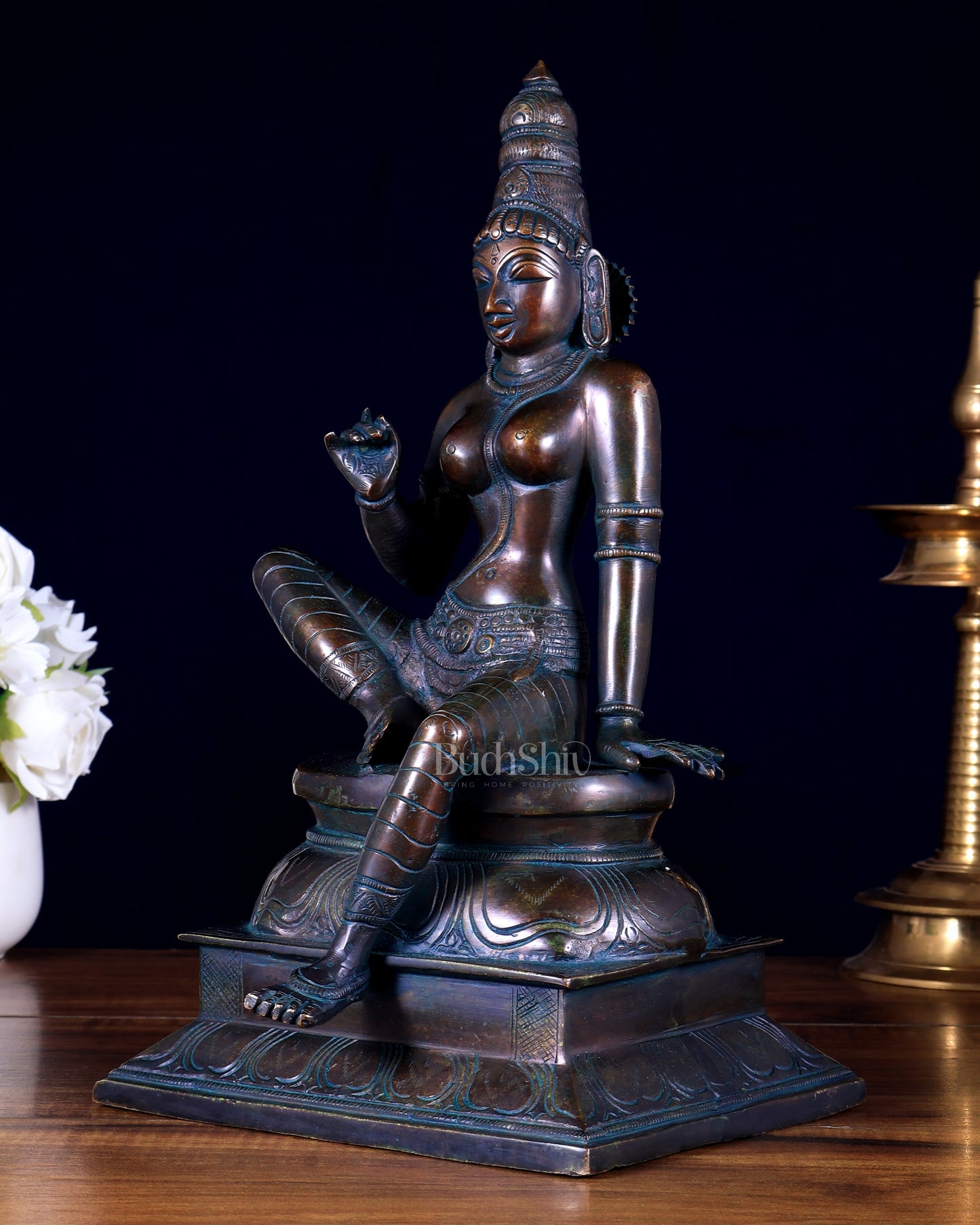 Vintage Bhoga Shakti Brass Devi Uma Parvati Sitting Statue bronze tone 14” Height