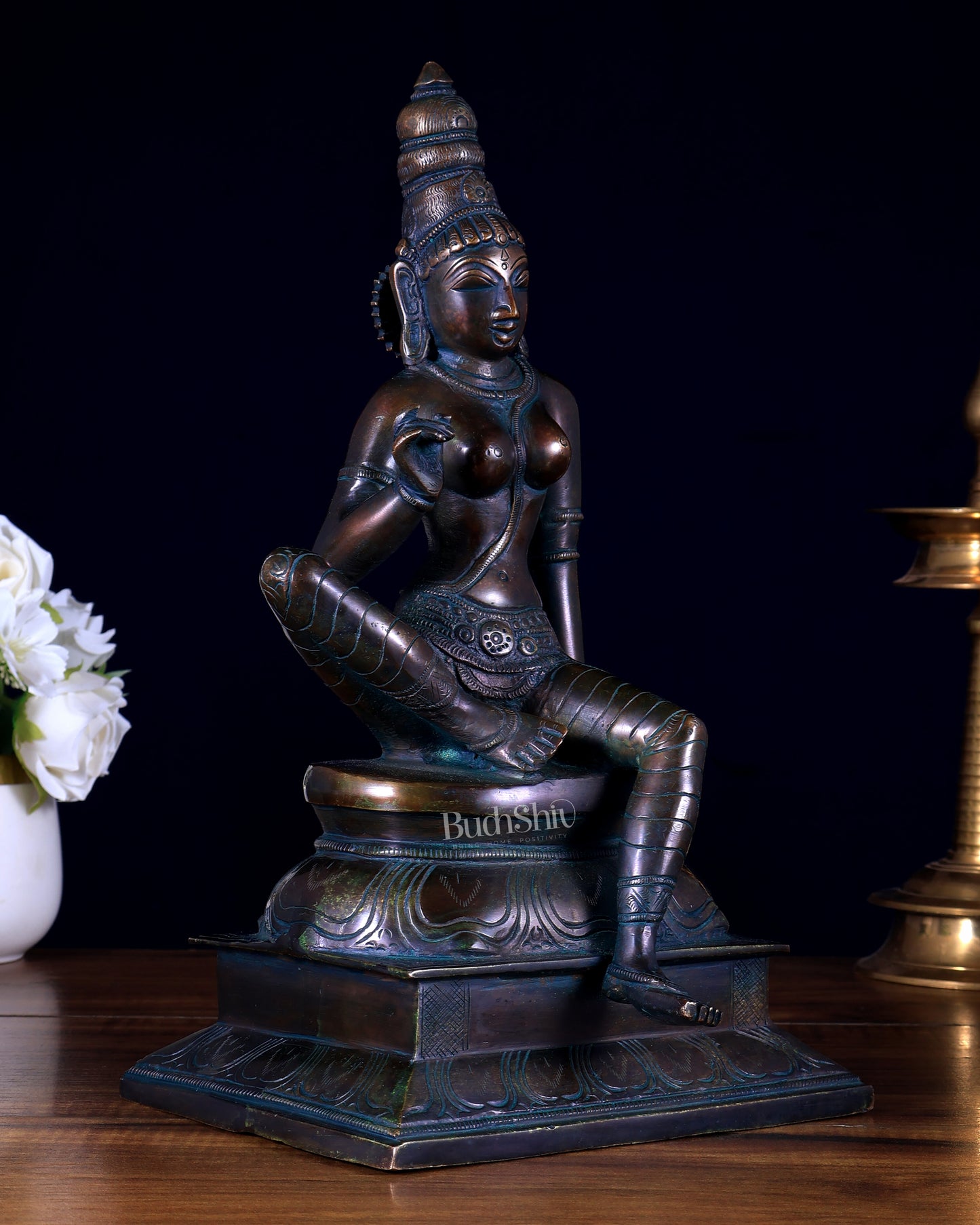 Vintage Bhoga Shakti Brass Devi Uma Parvati Sitting Statue bronze tone 14” Height