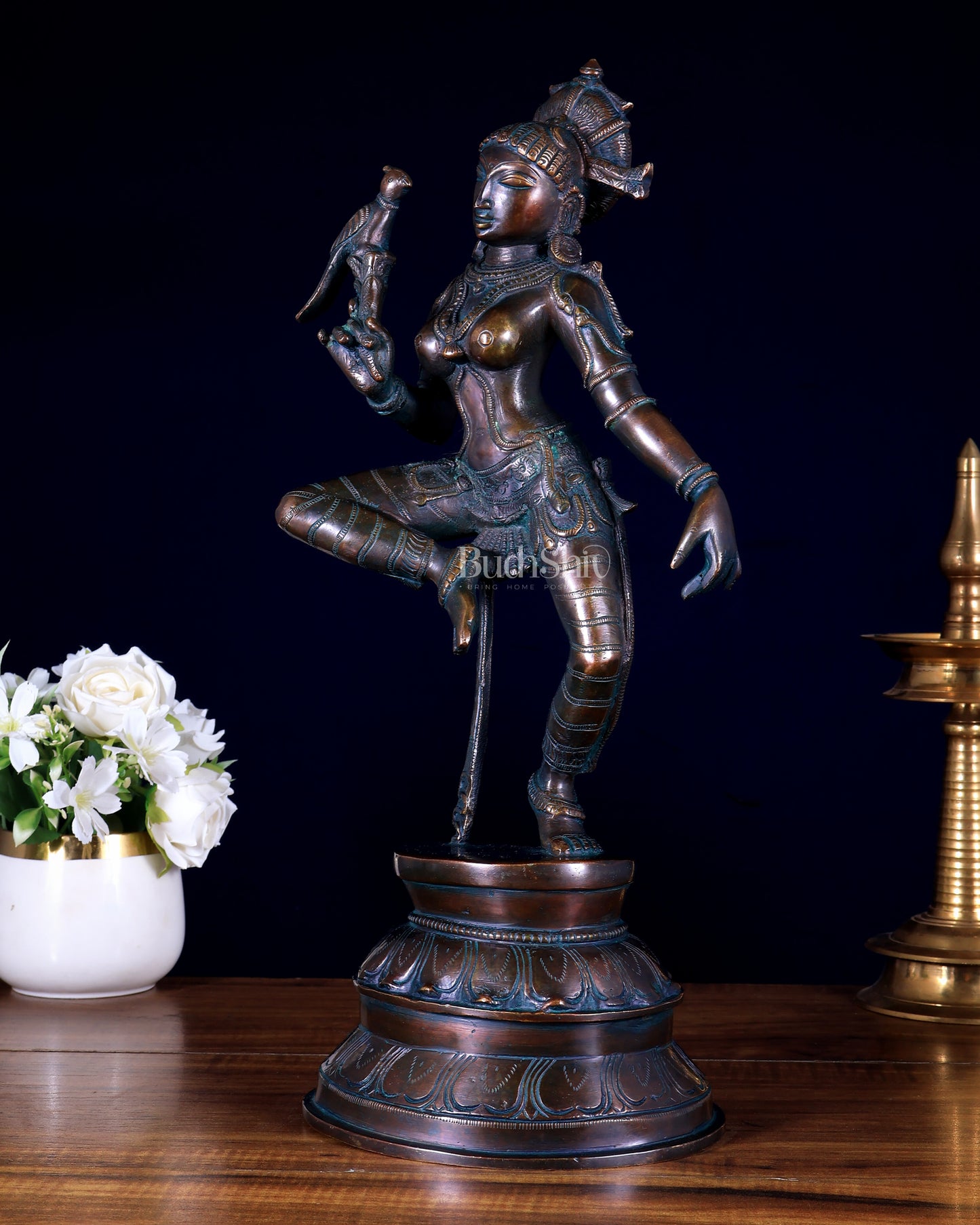 Vintage Brass Dancing Apsara with Parrot | Chola-Style Sculpture 16"