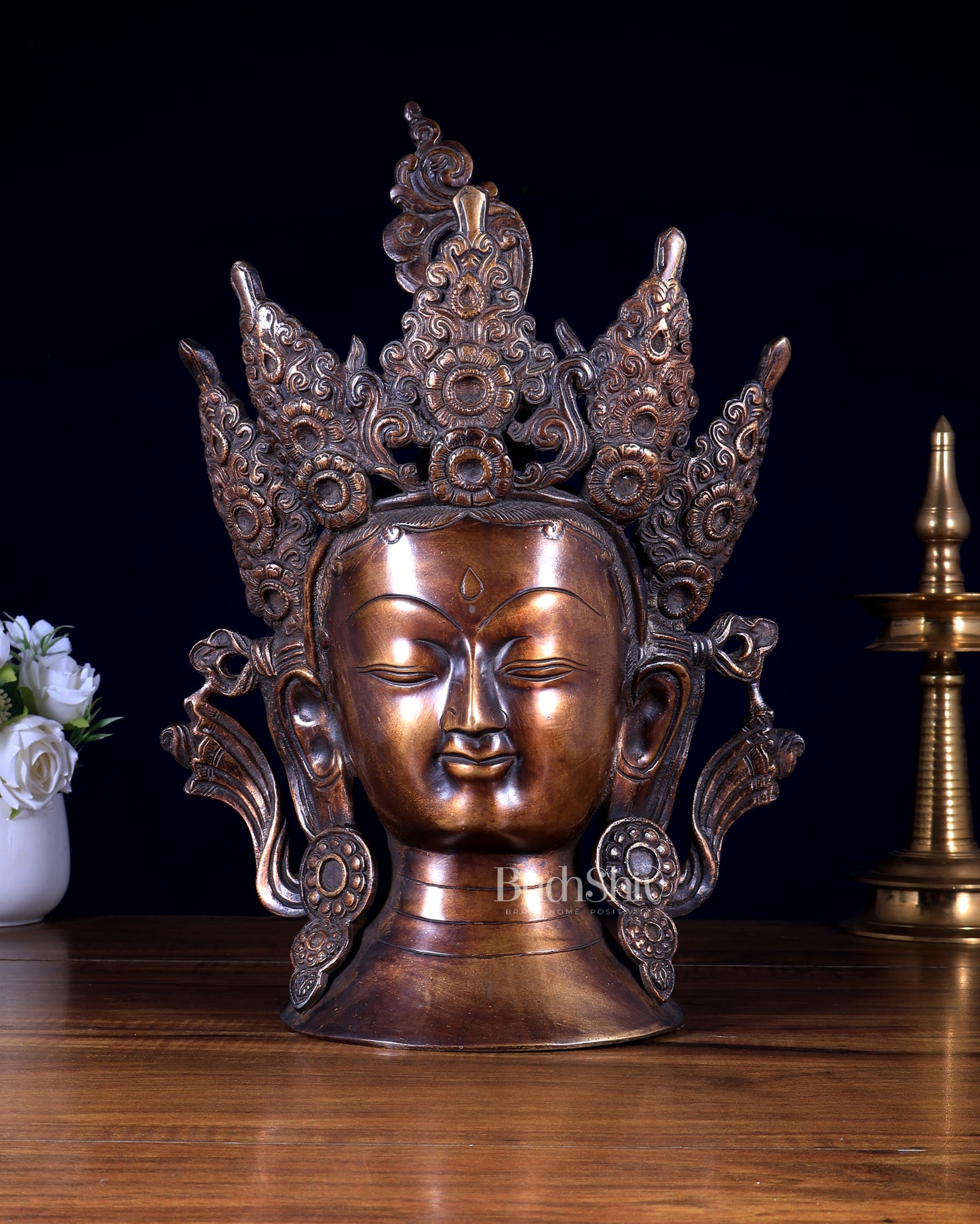Vintage Brass Tibetan Goddess Face Head Statue with Crown