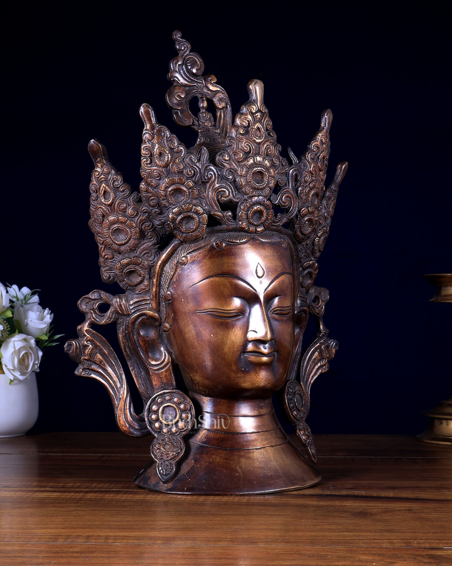 Vintage Brass Tibetan Goddess Face Head Statue with Crown