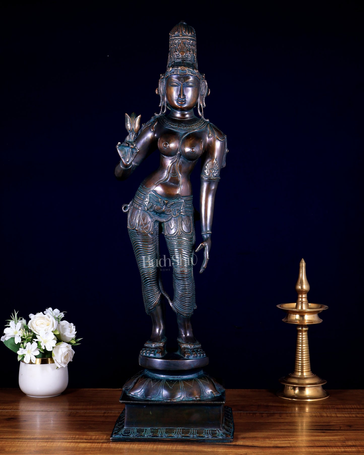 Pure Brass Bhoga Shakti Standing Uma Parvati Statue – bronze tone 29.5 inch