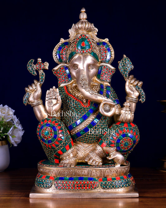 Brass Ganesha statue 16 inch with Stonework