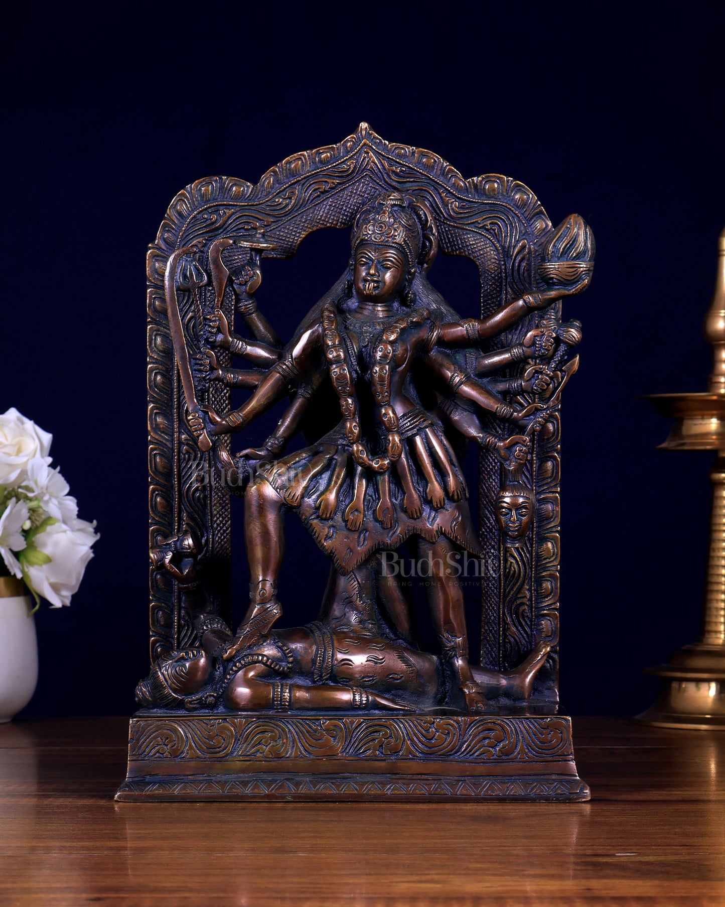 Pure Brass Dashabhuja Goddess Mahakali with Prabhavali – Brass Sculpture 11.5 inch