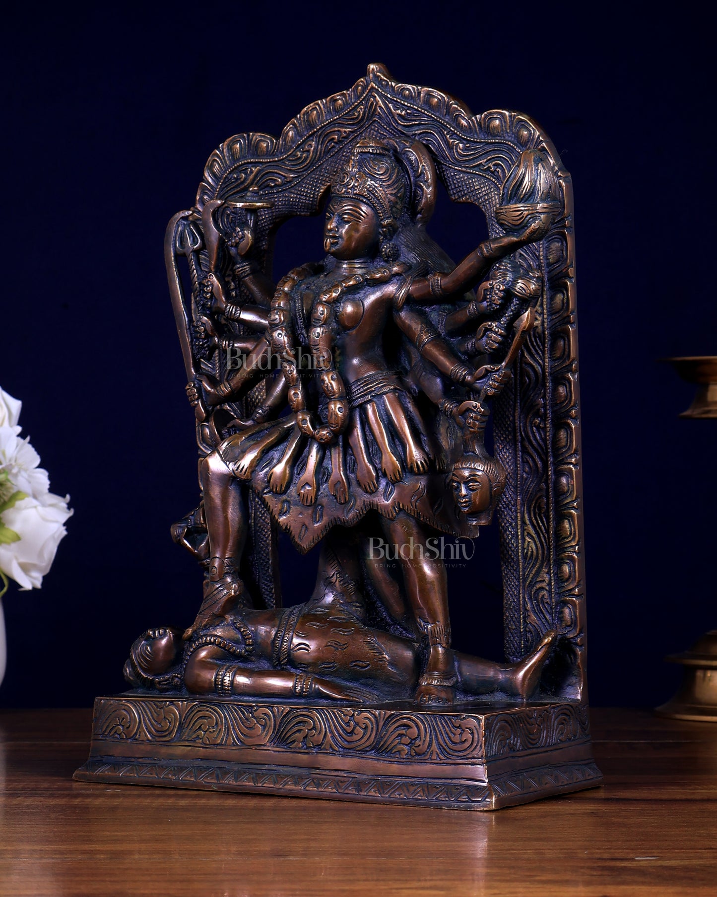 Pure Brass Dashabhuja Goddess Mahakali with Prabhavali – Brass Sculpture 11.5 inch