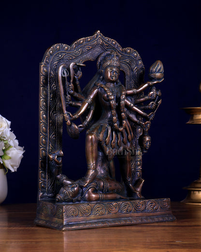 Pure Brass Dashabhuja Goddess Mahakali with Prabhavali – Brass Sculpture 11.5 inch