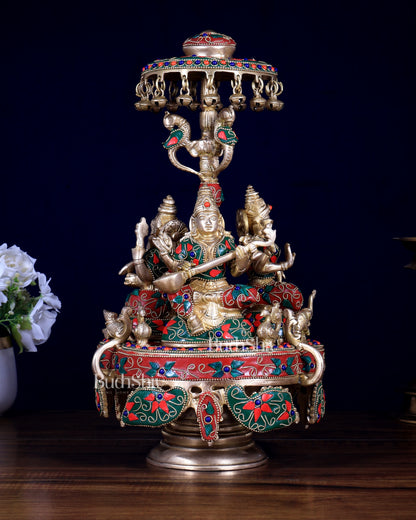 Pure Brass Ganesha Lakshmi Saraswati Revolving Statue – Floral Meenakari & Stonework