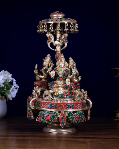 Pure Brass Ganesha Lakshmi Saraswati Revolving Statue – Floral Meenakari & Stonework