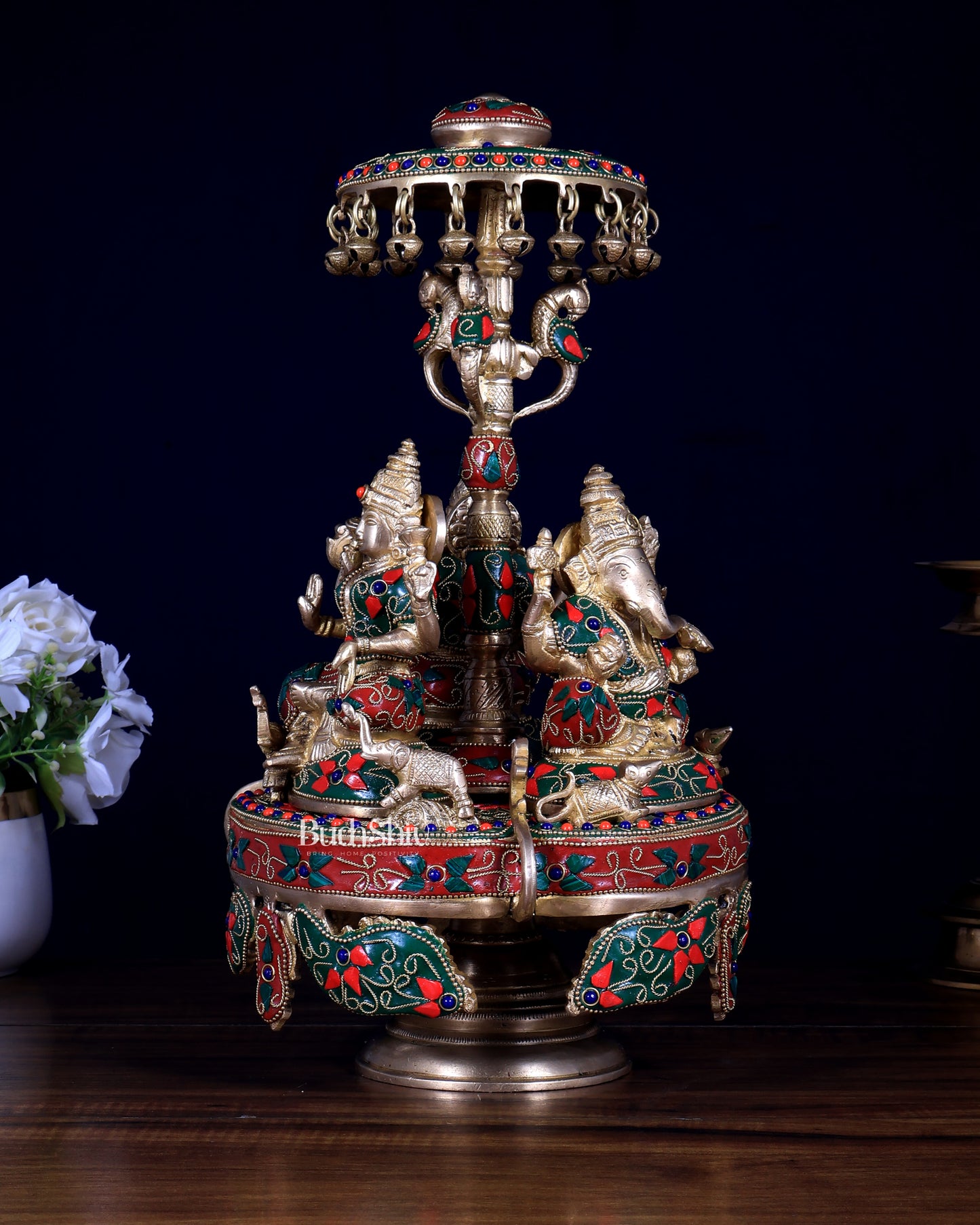 Pure Brass Ganesha Lakshmi Saraswati Revolving Statue – Floral Meenakari & Stonework
