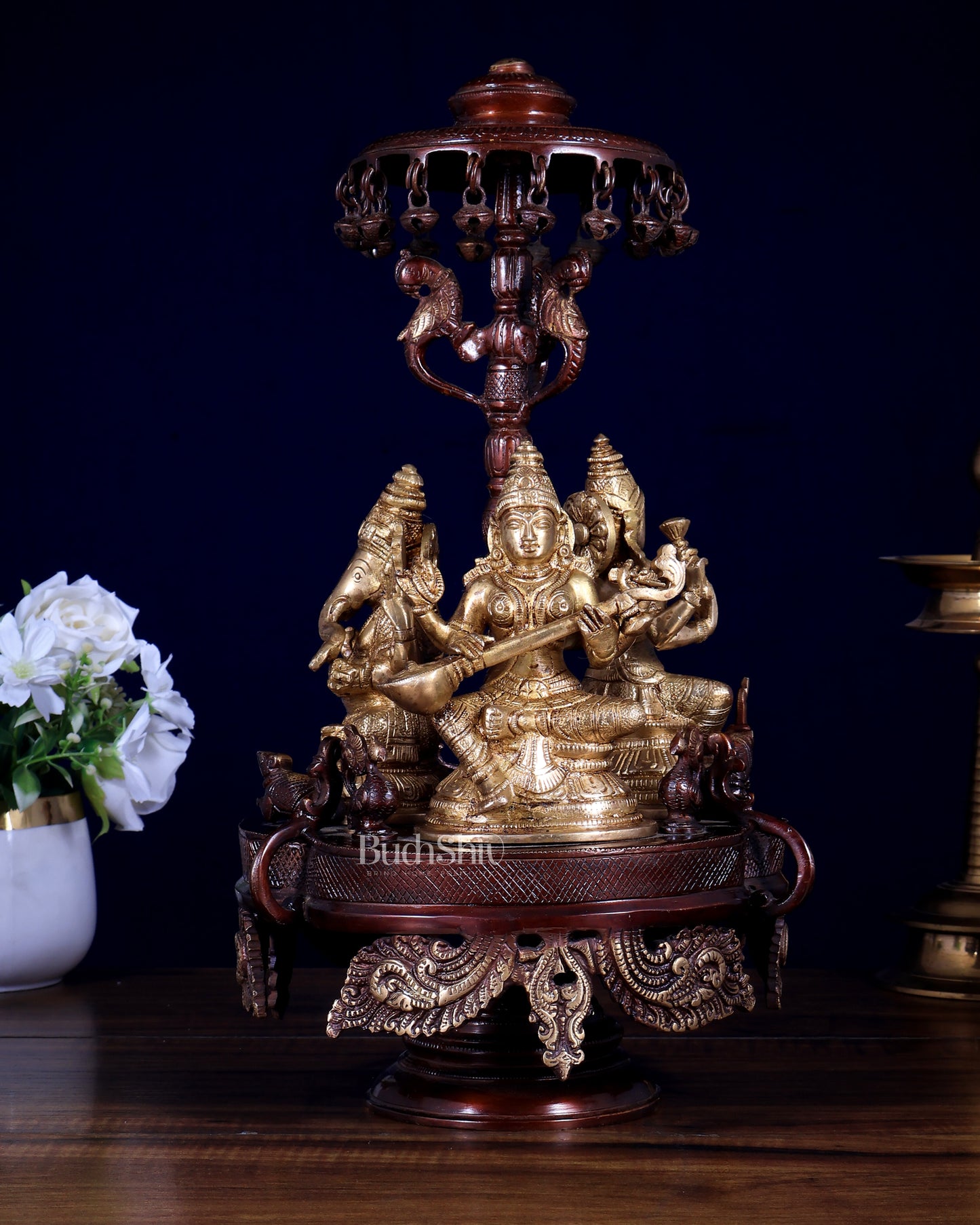 Pure Brass Ganesha Lakshmi Saraswati Revolving Statue – Dual Tone Copper-Gold Finish 14 inch