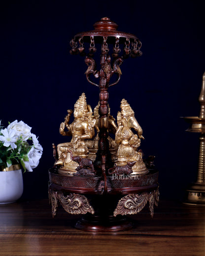 Pure Brass Ganesha Lakshmi Saraswati Revolving Statue – Dual Tone Copper-Gold Finish 14 inch