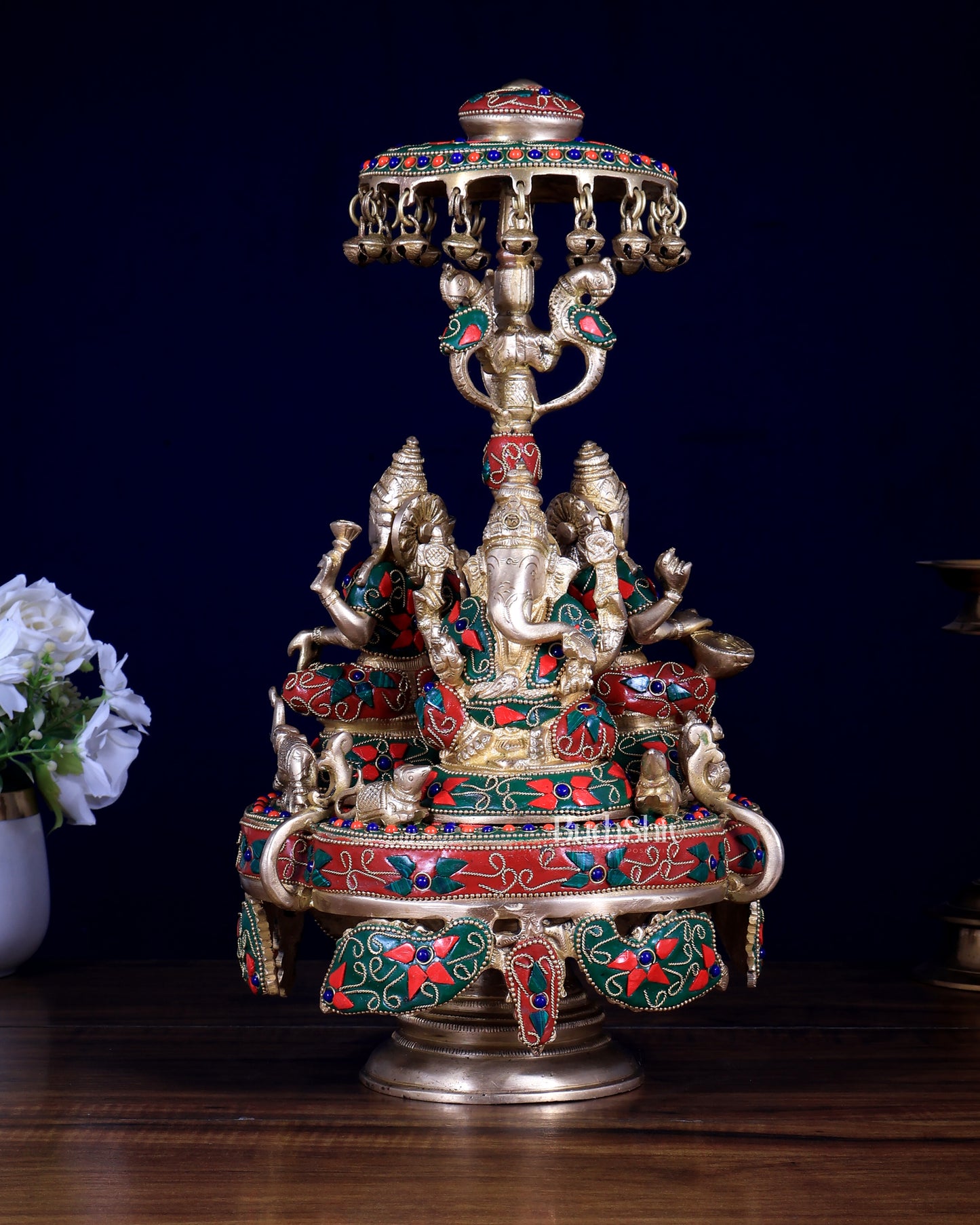 Pure Brass Ganesha Lakshmi Saraswati Revolving Statue – Floral Meenakari & Stonework