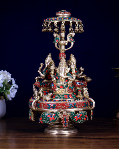 Pure Brass Ganesha Lakshmi Saraswati Revolving Statue – Floral Meenakari & Stonework