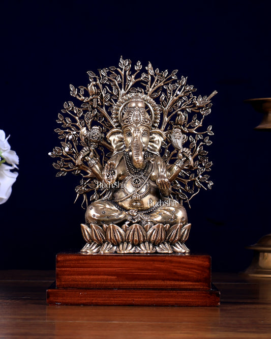 Brass Superfine Lord Ganesha with Kalpavriksha on Wooden Base – Perfect Gift Momento