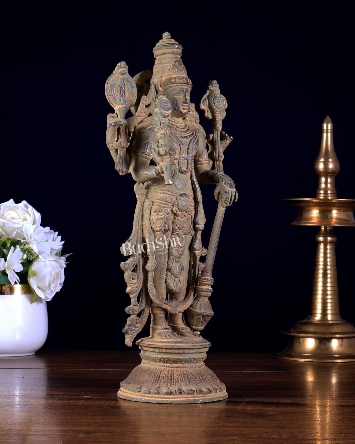 Pure Brass Standing Vishnu Statue Sand patina finish – 12 Inch