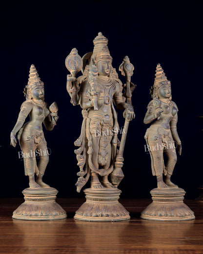 Brass Lord Vishnu with Bhudevi and Sridevi idols – Sand Patina 13"