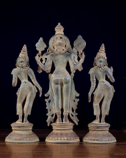 Brass Lord Vishnu with Bhudevi and Sridevi idols – Sand Patina 13"