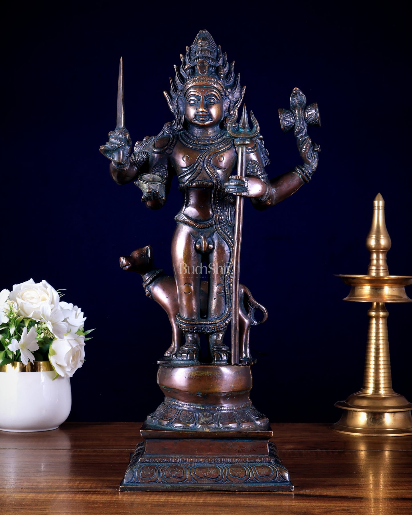 Brass Kaal Bhairava Statue with dog antique bronze finish 18 inch