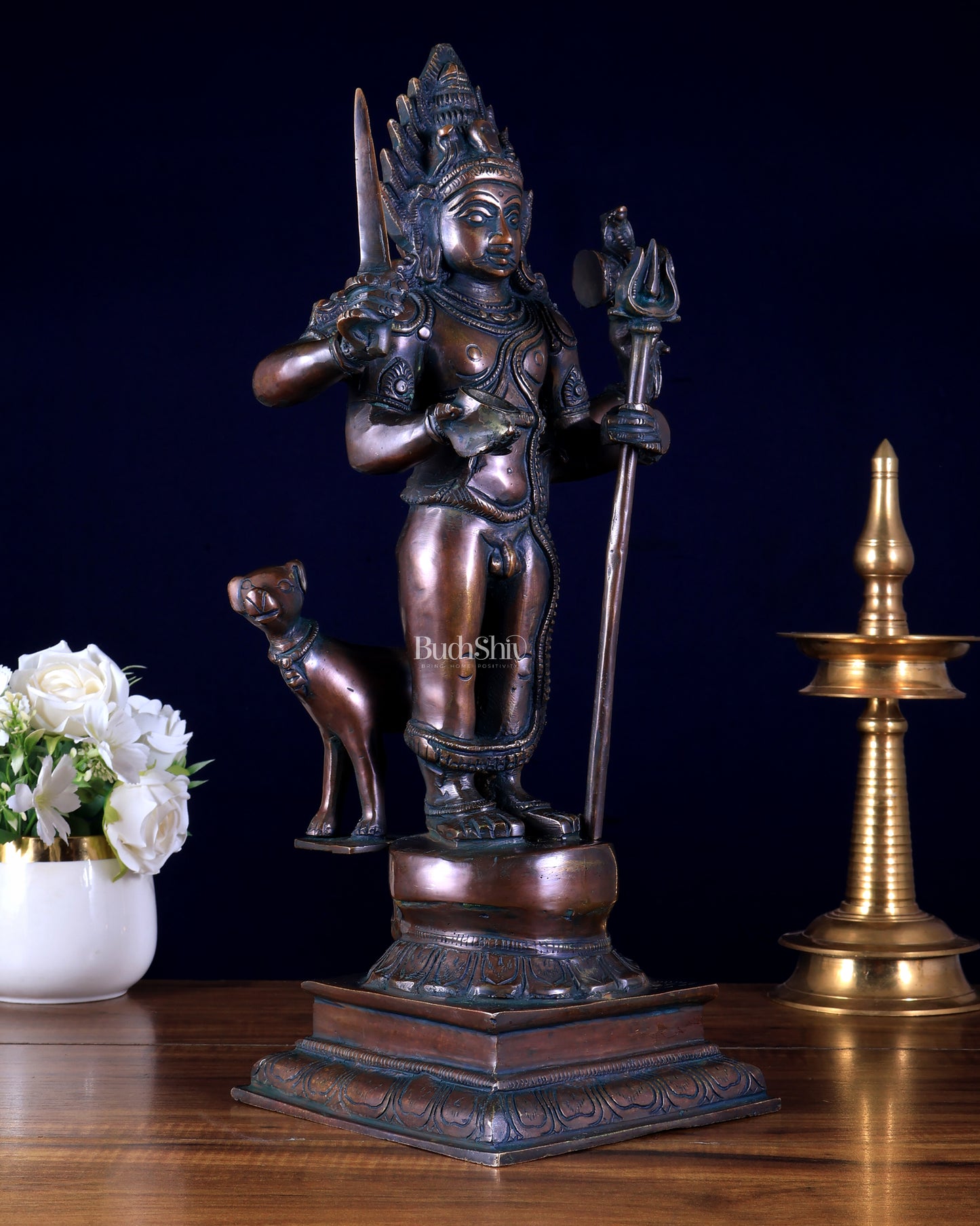 Brass Kaal Bhairava Statue with dog antique bronze finish 18 inch