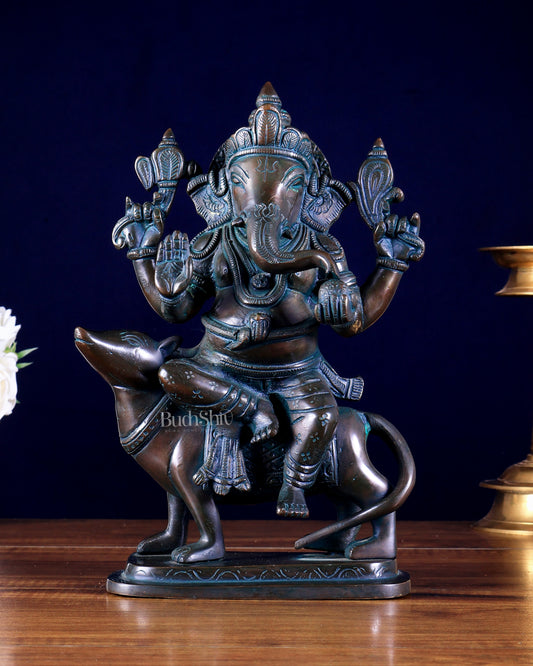 Brass Ganesha on Mouse Idol antique bronze tone | 10"