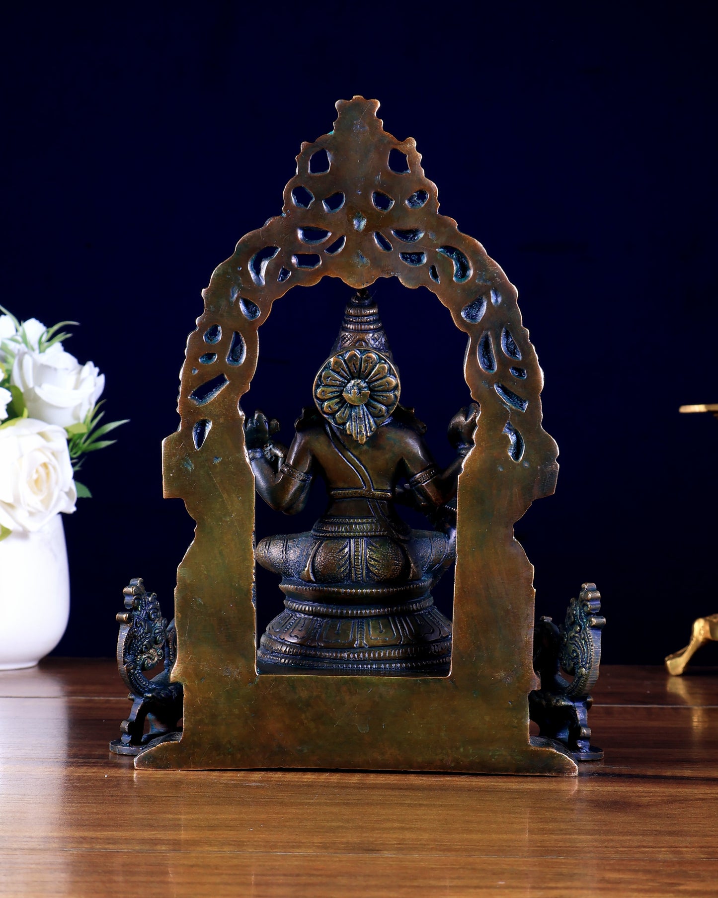 Brass Goddess Saraswati with attached diya and Prabhavali idol