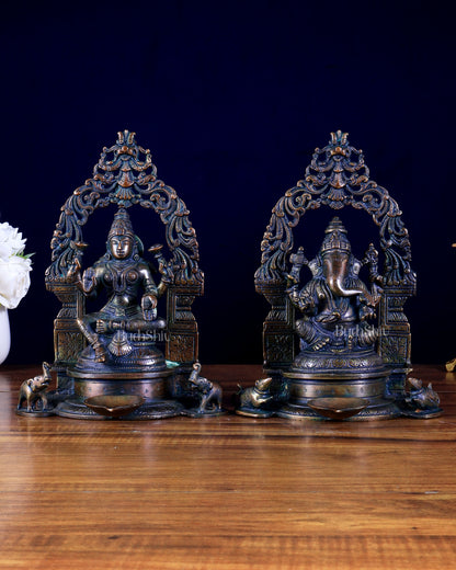Brass Ganesha–Lakshmi Pair with Attached Diya & Prabhavali