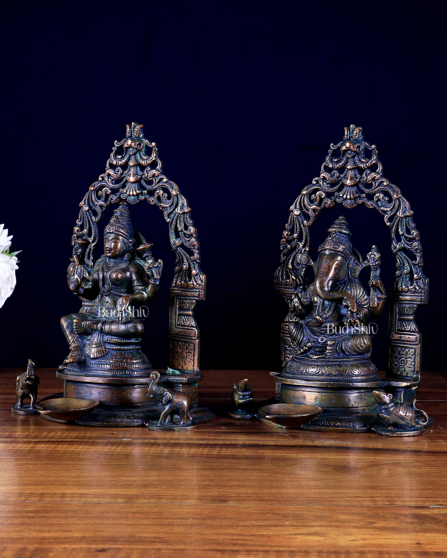 Brass Ganesha–Lakshmi Pair with Attached Diya & Prabhavali