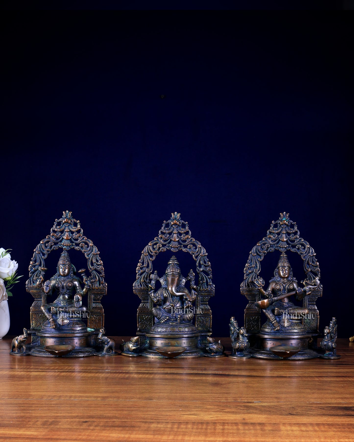 Set of Three – Ganesha, Lakshmi & Saraswati with Attached Diyas & Prabhavalis