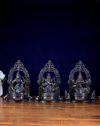 Set of Three – Ganesha, Lakshmi & Saraswati with Attached Diyas & Prabhavalis